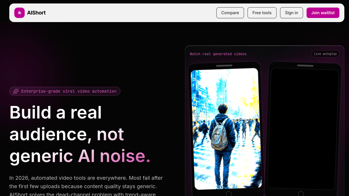 AIShort homepage — AI faceless shorts automation with trend discovery and engagement