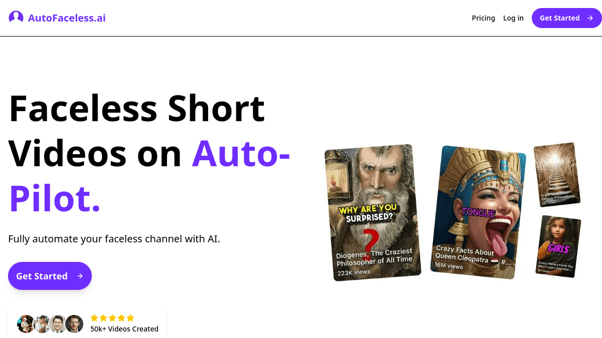 AutoFaceless.ai homepage — Set-and-forget faceless channels with hook-trained scripts.