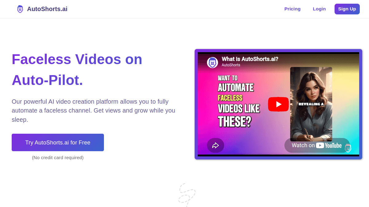 AutoShorts.ai homepage — Hands-off faceless channels with daily auto-posting at volume.