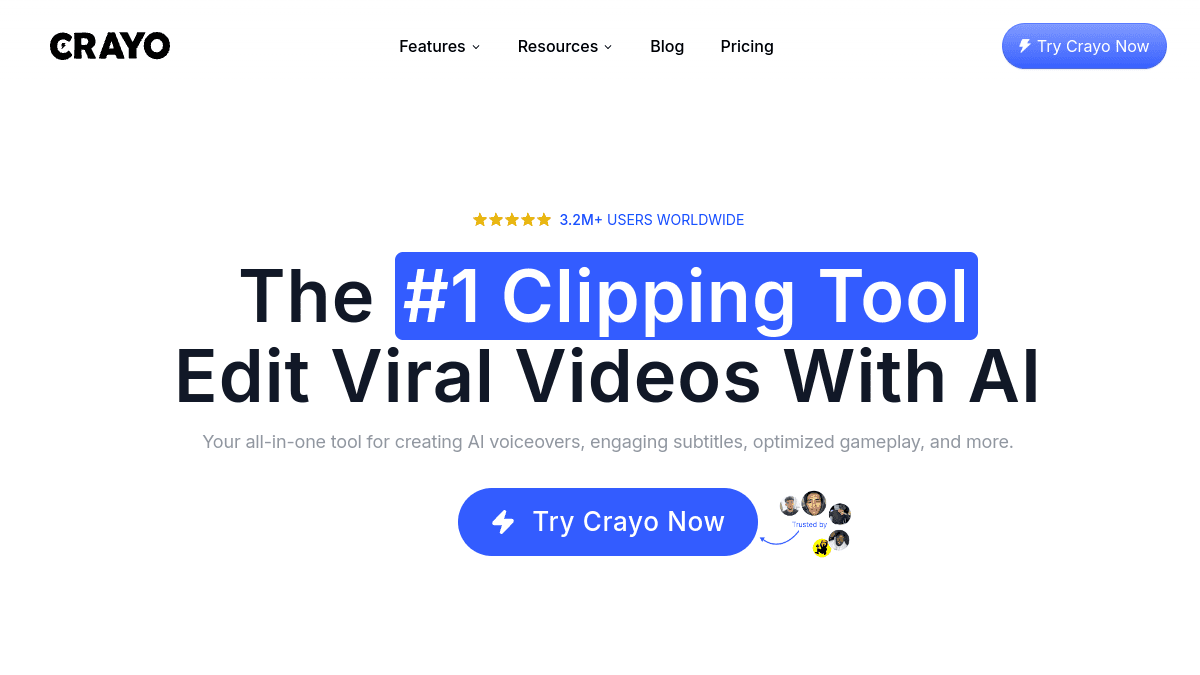 Crayo homepage — Clippers and story creators who want an all-in-one viral editing toolkit.