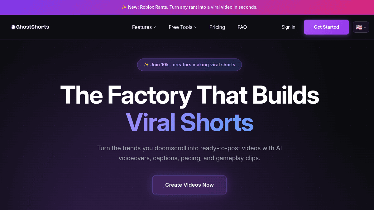 GhostShorts homepage — Fast Reddit story shorts with caption and pacing handled automatically.