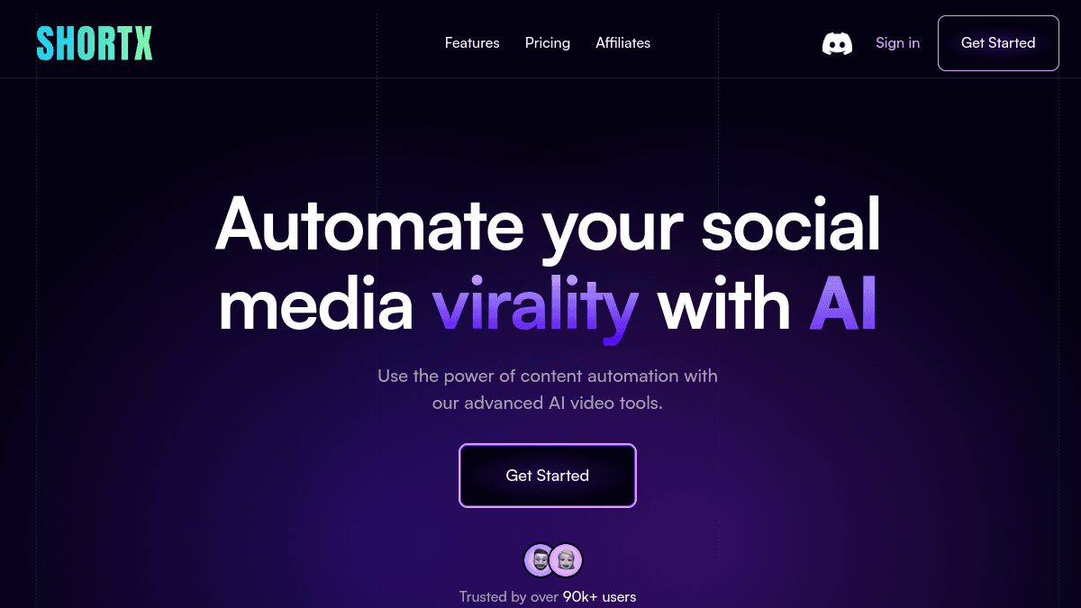 ShortX.ai homepage — Running multiple faceless channels with customizable niche styling.