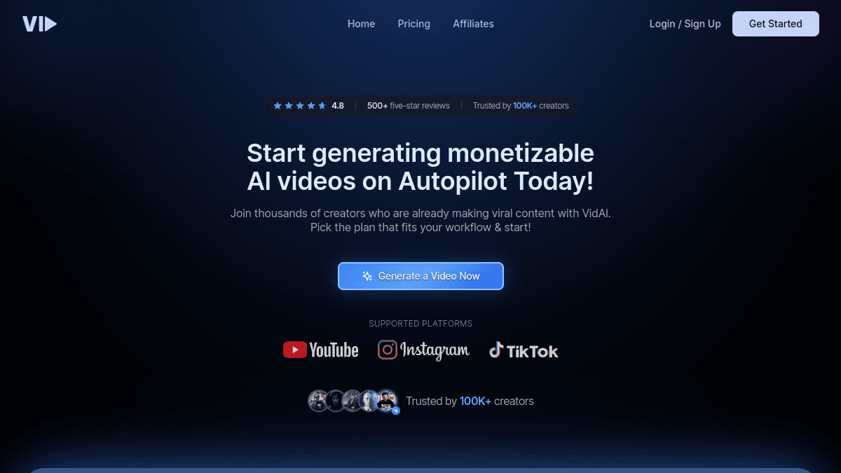 Vid.ai homepage — Batch faceless production with template variety.